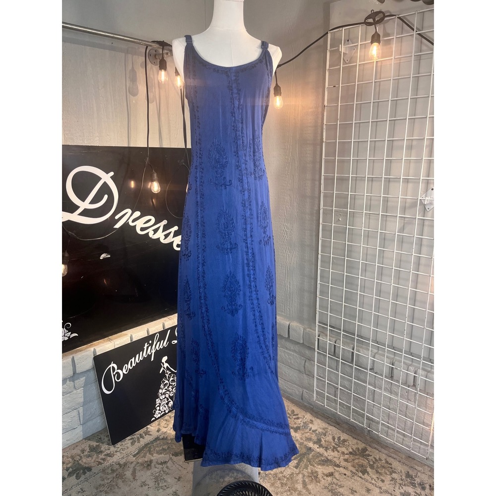 ADVANCE APPAREL Embroidered Maxi Dress Blue Spaghetti Strap Tie Boho Women Large